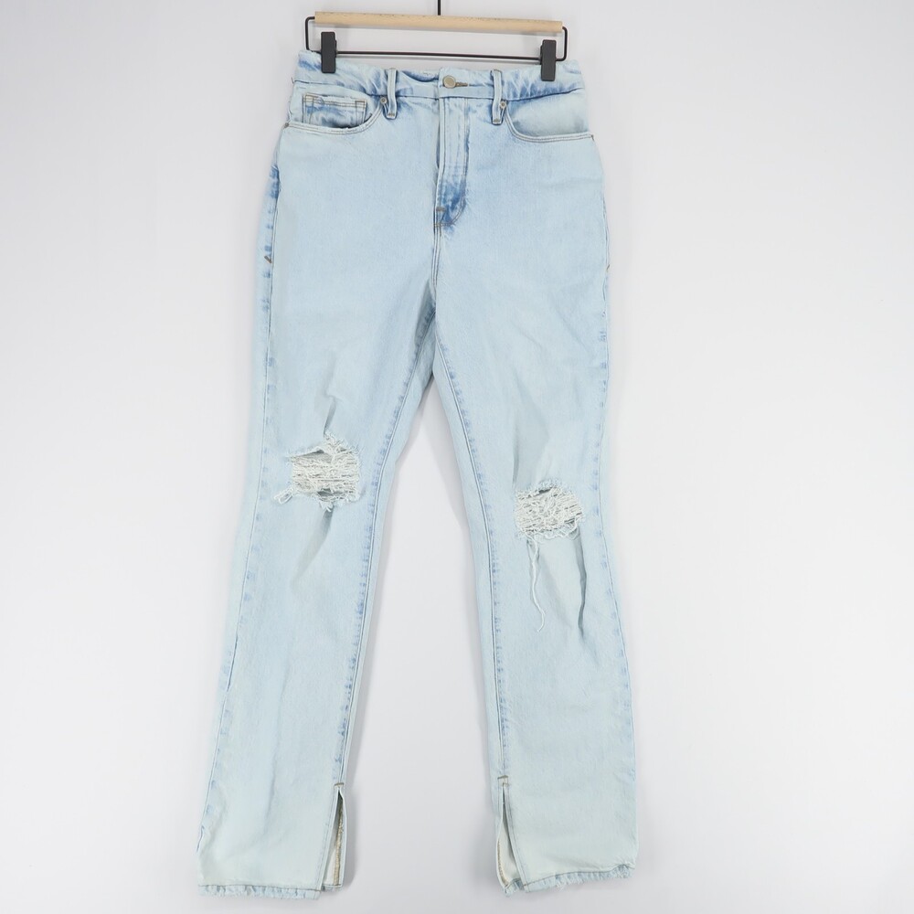 Good American Good Boy Jeans Womens 4/27 Light Blue Distressed Split Hem